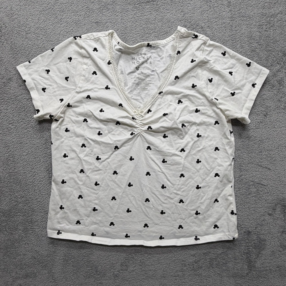 Disney Mickey Mouse Shirt Womens Large White Black V Neck Ruched Lace Trim Print